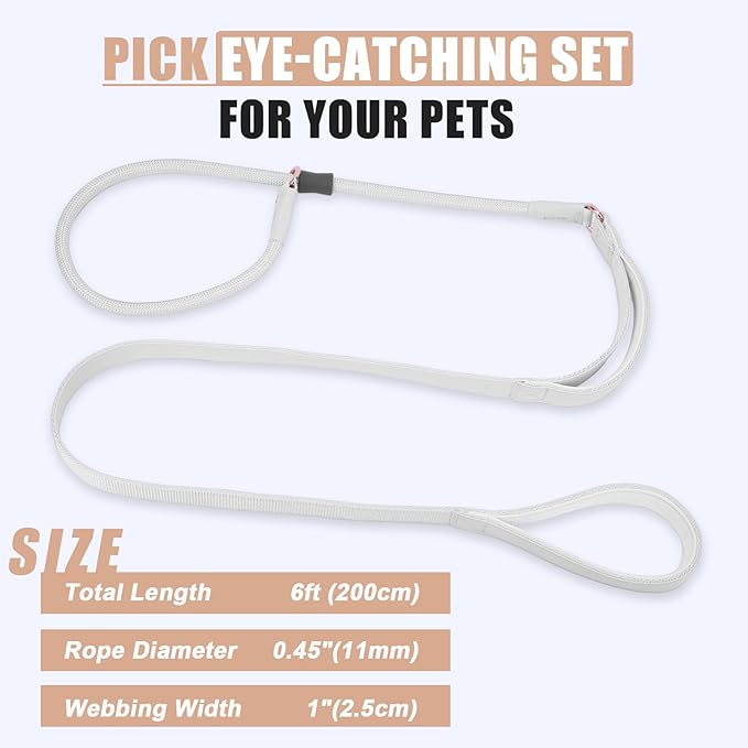 Slip Lead Dog Leash with Double Handle, Soft Leather Nylon Slip Collar, Heavy Duty Dog Rope Lead, No Pull Walking Leash for Medium Large Small Dogs, 6ft White