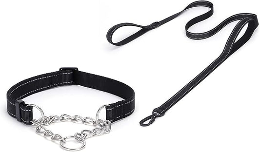 Martingale Dog Collar with Stainless Steel Chain and Leash Set, Martingale Collar with Reflective, 5FT Double Handle Dog Leash Padded, Adjustable for Medium Large Dogs (S, Black)