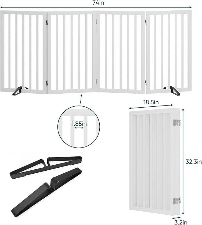 Semiocthome Freestanding Dog Gate 32" Tall, 4-Panel Foldable Dog Gates for Doorways Stairs House, Pet Gate Indoor with 2 Metal Stands, White