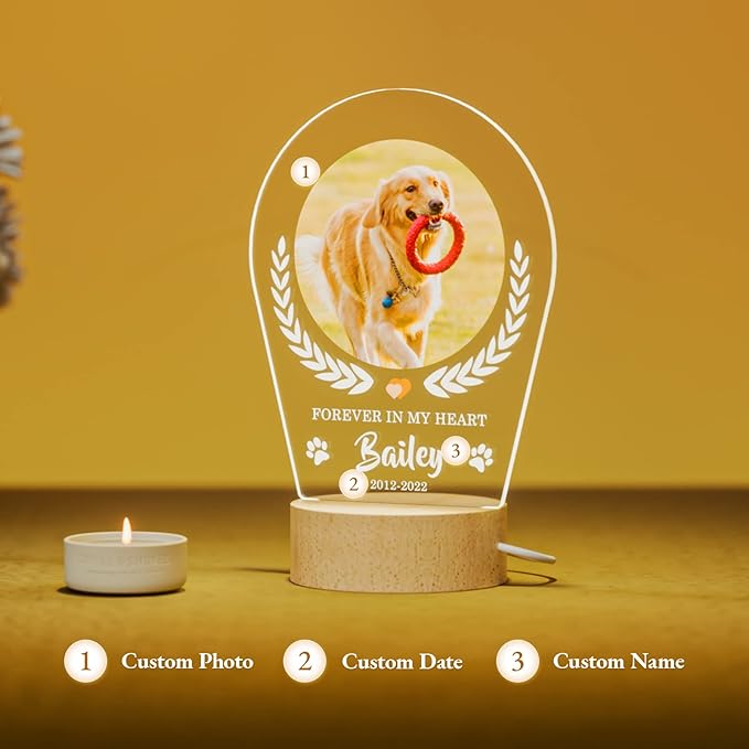 Bemaystar Personalized Dog Memorial Gifts Custom Dog Memorial Night Lights for Grieving Pet Owners, Pet Loss Gifts Cat memorial gifts Loss of Dog Sympathy Gift with Picture Name Date Custom Plaque