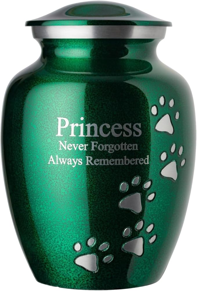 Ottillie Paws Premier Series Pet Urn for Dogs and Cats with Personalized Laser Engraving (Small - Pets up to 25 lbs, Marine Green with Vertical Pewter Paws)
