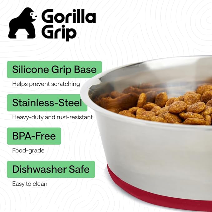 GORILLA GRIP Dog Bowls, Food Grade 304 Stainless Steel, Holds 1 Cup Each (8 fl oz) Food and Water Bowl for Feeding Dogs and Cats, Dishwasher Safe, Rust Resistant, BPA Free Rubber Base Set of 2 Red