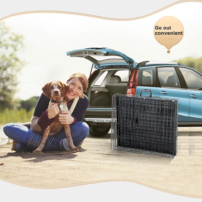 Dog Crate Kennel Pet Cage for Large Medium Dogs Travel Metal Double-Door Folding Indoor Outdoor Puppy Playpen with Divider and Handle Plastic Tray,48 42 36 30 24 inches (36" Dog Cage)