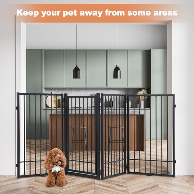 SMONTER Free Standing Dog Gate with Door Walk Through, 80.5'' Extra Wide Indoor Dog Fence, 31.5'' Height 4 Panels Foldable Metal Pet Puppy Gate for Stairs, Hallways, Doorway