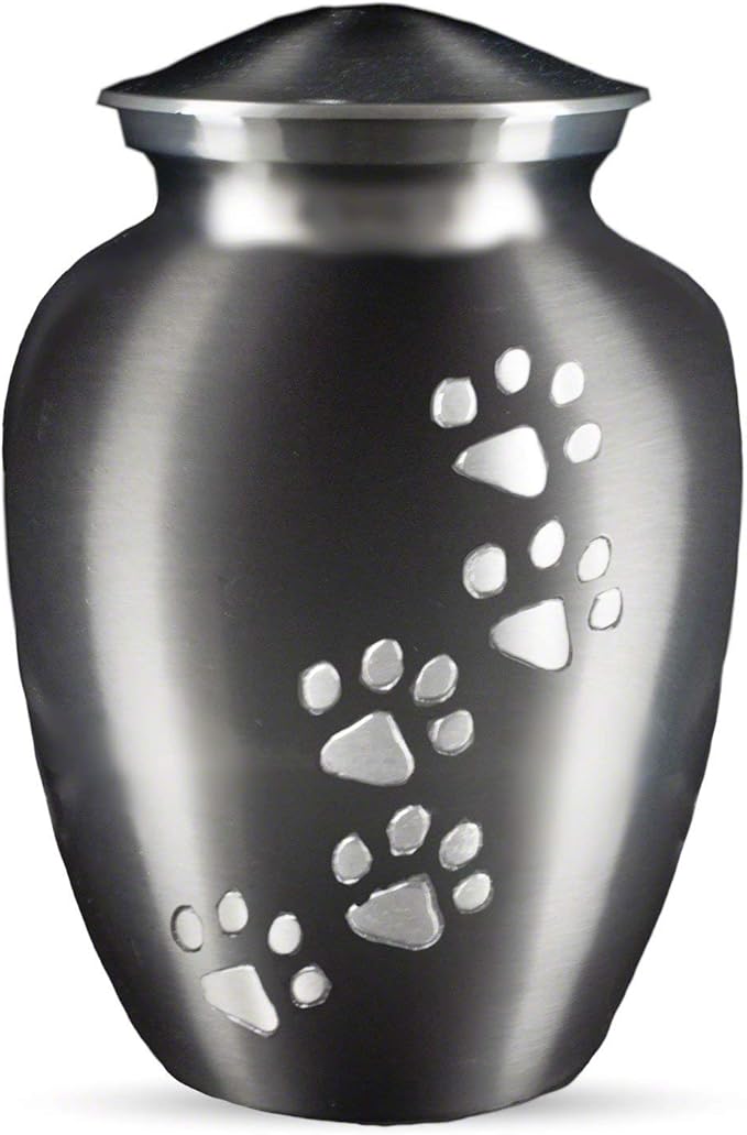 Ottillie Paws Legacy Series Pet Urn for Dogs and Cats, Handmade Aluminum Memorial Cremation Urn (Small - Pets up to 25 lbs, Slate, Vertical Pewter Paws)