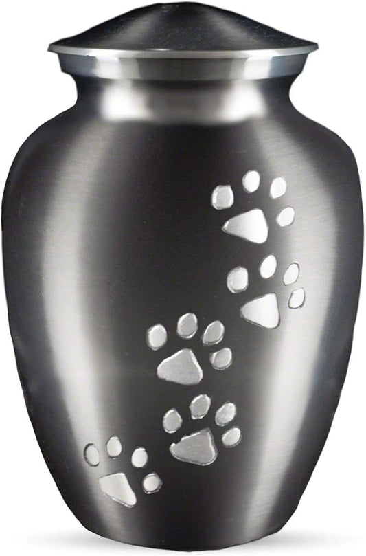 Ottillie Paws Legacy Series Pet Urn for Dogs and Cats, Handmade Aluminum Memorial Cremation Urn (Small - Pets up to 25 lbs, Slate, Vertical Pewter Paws)