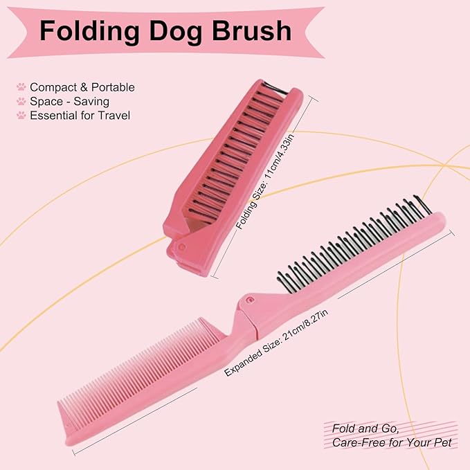 Folding Small Dog Grooming Brush - Perfect for Shih Tzus, Yorkies, and Maltipoos - Ideal Puppy Hair Brushes for Maltese and Small Breeds(Hot Pink）