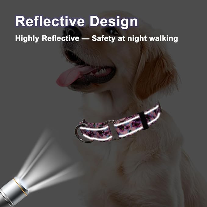 Reflective Martingale Collar for Dogs Nylon Training Collar with No Buckle Cute Floral No Pull Dog Collar for Large Dogs（Purple Flower，L）