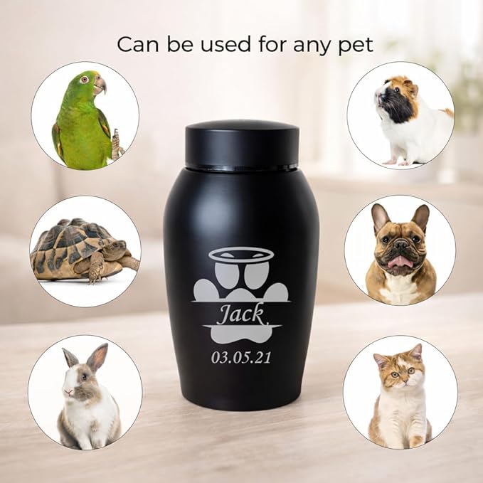 Personalized Cremation Keepsake Pet Ashes Urn Waterproof with Airtight Closure Customized Text Engraving Vase Container Memorial Dog Cat Funeral Decorative (Monogram paw with Halo)