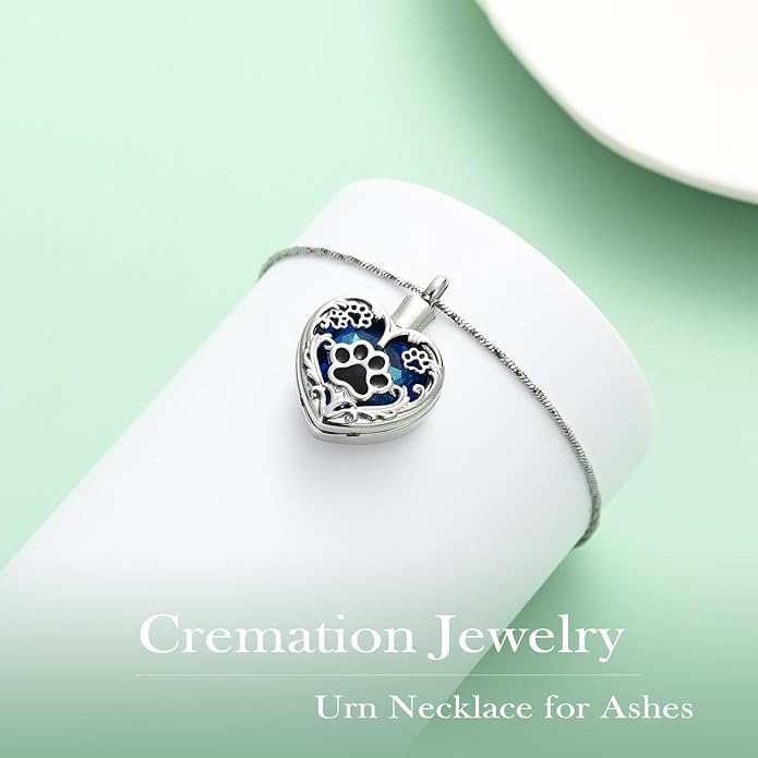 Heart Urn Necklace For Ashes Birthstone Pet Memorial Jewelry Dog Paw Print Cremation Pendant Stainless Steel Keepsake Gift For Pet Lovers