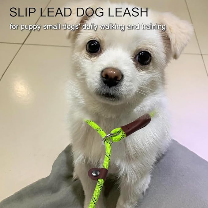 7ft Slip Lead Dog Leash for Small Dogs, No Pull Puppy Training Lead, Lightweight Sturdy Pet Slip Rope Leash, Green