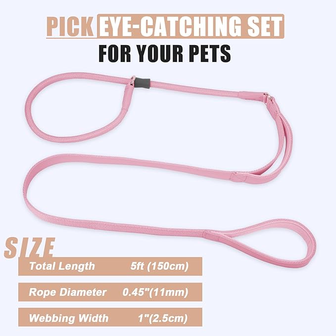 Slip Lead Dog Leash, Double Handle, Soft Leather, Heavy Duty Nylon, No Pull Walking, 5ft Pink
