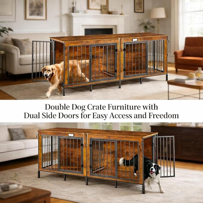 Extra Large 78" XXL Dog Crate Furniture with Removable Divider, 400LB Capacity Heavy Duty Kennel for 1-2 Dogs, Wooden Pet Cage with Flip-Top, Entertainment Center, Dog House TV Stand