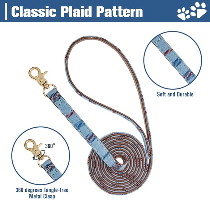 EXPAWLORER Dog Collar and Leash Set - Embroidery Pawprints Plaid Dog Collar and Dog Leash Set, Bow Tie and Bandana Dog Collar, Adorable Collar and Leash for Dogs Cats Outdoor Walking, Blue M