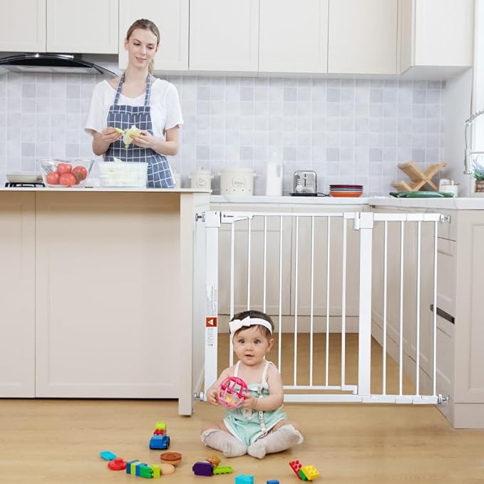 COMOMY 29.5-43.3" Baby Gate Extra Wide for Stairs Doorways, Auto Close Dog Gates for The House, Pet Gates with Walk Through Door, SturdyMetal Pressure Mounted Safety Child Gate, White