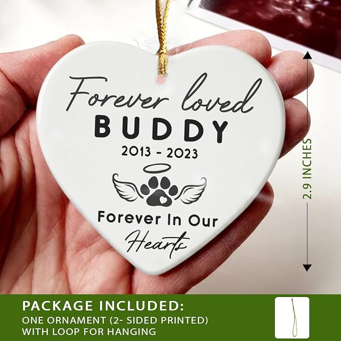 Pet Memorial Ornament - Heart Ceramic Ornaments Hanging for Christmas Tree - Remember Your Beloved Pet Forever