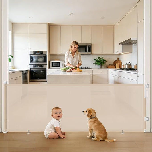 96" Retractable Baby Gates Large Openings, Extra Wide Mesh Dog Gate for Garage Deck Porch, Strong Suction Disc Prevent Crawling Under, 34" Tall Long Safety Gate for Child Indoor Outdoor, Beige
