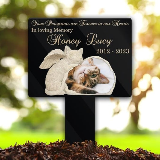 Personalized Cat Memorial Stake Custom Cat Photo Your Pawprints Are Forever In Our Hearts Metal 12x12 inch Dog Grave Marker Cat Loss Gift Sympathy Gift for Cat Lover (Style 17)