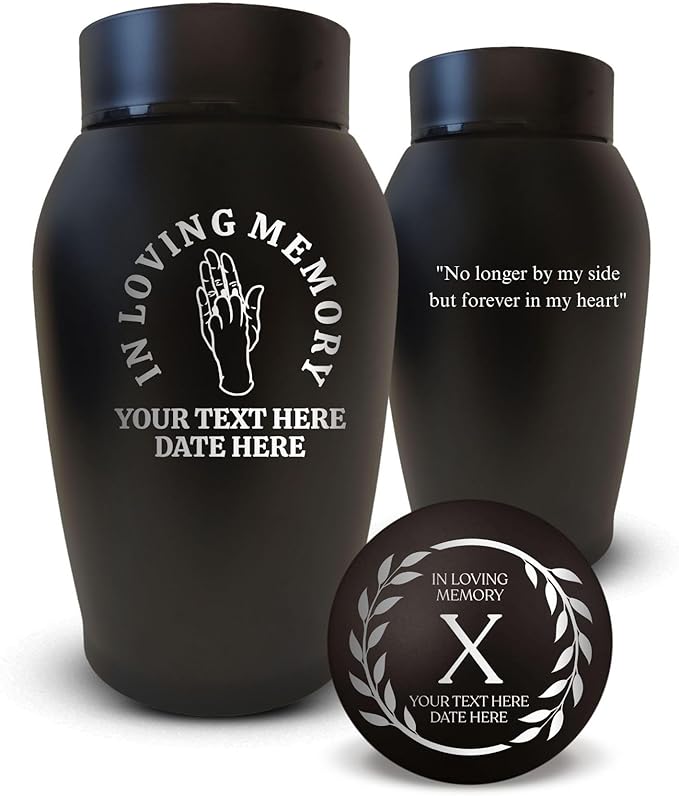 Personalized Custom Small Keepsake Urn Engraved with Pet Name, Date, and Hand & Paw - High Five V1 Design- 5.2" Black Powder Coated Steel Cremation Urns for Furry Ashes | Black