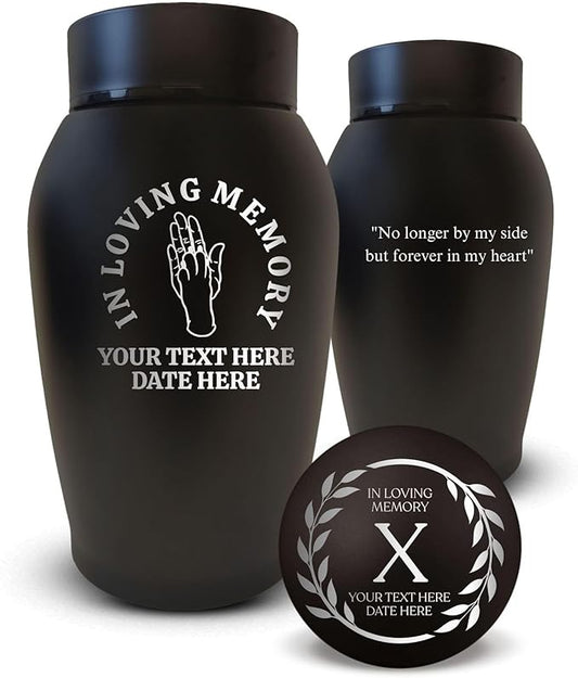 Personalized Custom Small Keepsake Urn Engraved with Pet Name, Date, and Hand & Paw - High Five V1 Design- 5.2" Black Powder Coated Steel Cremation Urns for Furry Ashes | Black