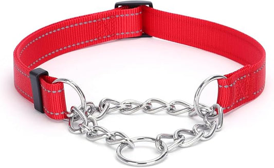 Martingale Dog Collar with Stainless Steel Chain and Leash Set, Martingale Collar with Reflective, 5FT Double Handle Dog Leash Padded, Adjustable for Medium Large Dogs (Red Collar, S)