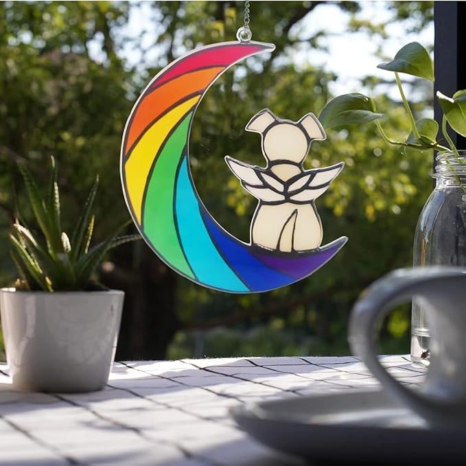 Dog Memorial Gifts for Loss of Dog Pet Sympathy Hanging Acrylic White Angel Dog on Rainbow Moon Dog Beverage Suncatcher Ornaments Decor Window Wall Sympathy Gift for Dog Lover