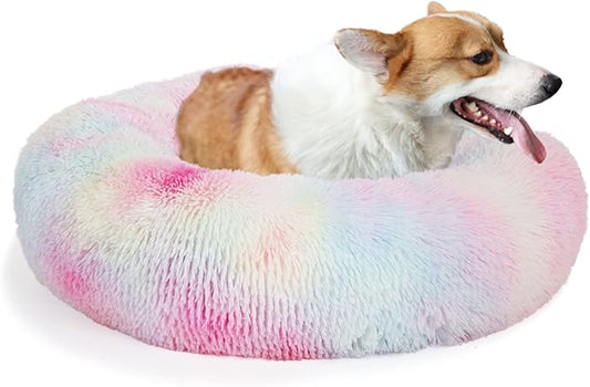 Calming Dog Bed for Medium Dogs Washable Donut 30 inches Anti-Slip Pet Bed,Round Fluffy Plush Faux Fur Cat Bed,Fits up to 45 lbs Pets,Multi Colored