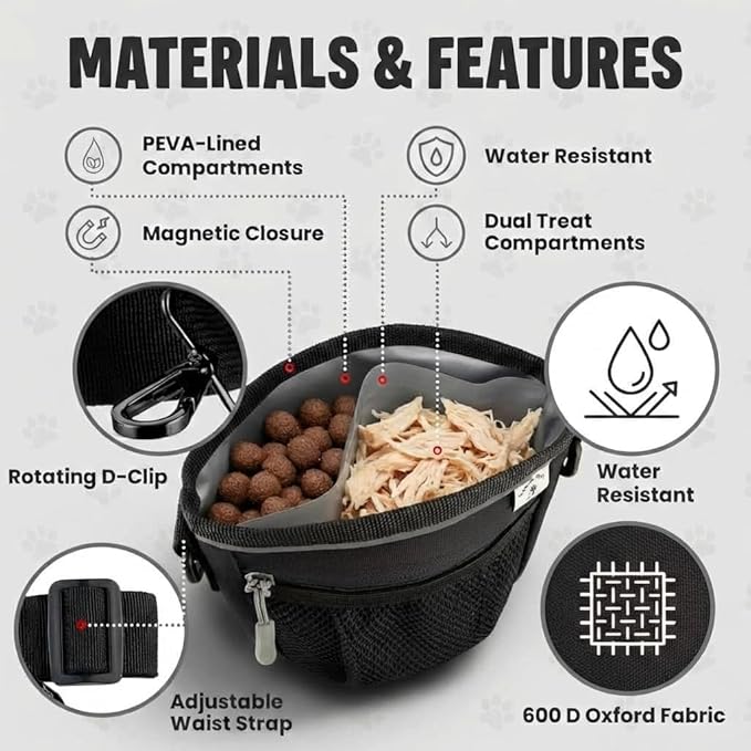 Dog Training Treat Pouch, Clip-On, Crossbody, Magnetic, 2 Compartment Divided Interior, 1 1/2 Cup Total 3/4 Each Side, Dog Treat Training & Walking Bag, Poop Bag & Waste Clip, Hand Free- Black 5x5