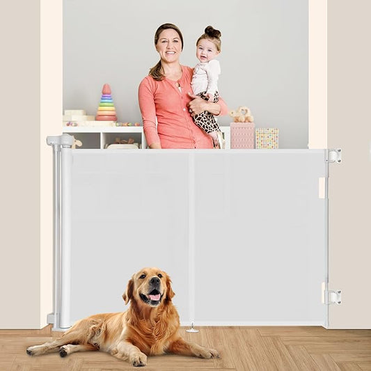 59 inch Retractable Baby Gates 42 inch Tall, Retractable Gate with Reinforced Strip Design to Prevent Crawling Through, 5 FT Retractable Dog Gate for Stairs, Doorways, Hallways, Indoor/Outdoor