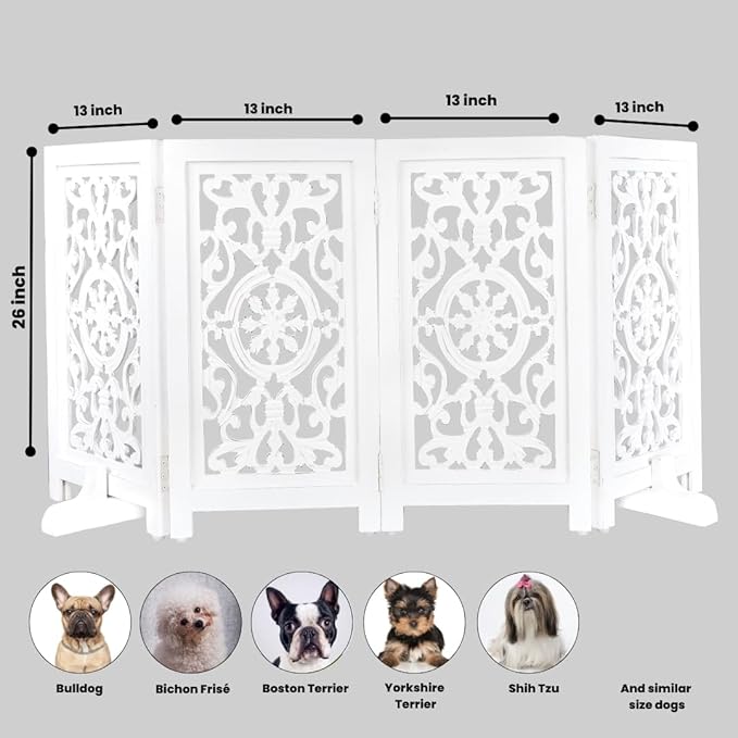 Decorative Wooden Pet Gate, Dog Fence, Cat Gate, Foldable, Adjustable, Portable, Extra-Wide, Wooden Dog Barrier, Free-Standing Puppy Gate 4 Panels for Indoor, Doorways, Stairs-26x52 Inch Antique White