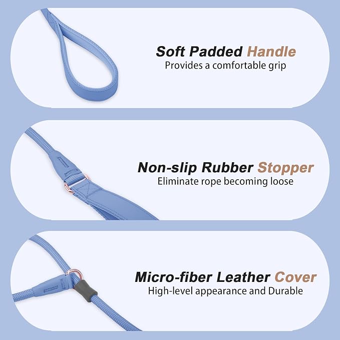 Slip Lead Dog Leash, Dog Training Leash with Double Handle, Soft Leather Slip Leash and Collar, Heavy Duty Nylon Dog Lead, No Pull Walking for Medium Large Small Dogs 5ft Blue Purple
