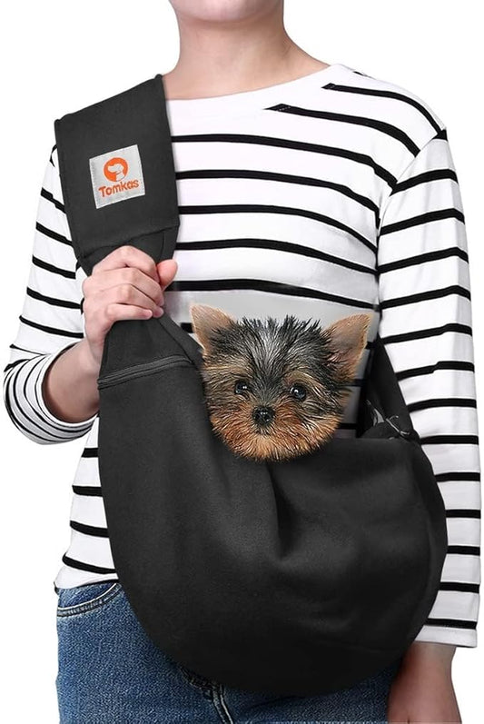 Tomkas Small Dog Sling Carrier - Cat Sling Carrier - Adjustable Strap & Zip Pocket - Suitable for Puppies (Black)