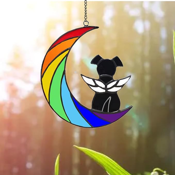 Dog Memorial Gifts for Loss of Dog Pet Sympathy Hanging Gift Black Angel Dog on Rainbow Moon Acrylic Beverage Suncatcher Ornaments Decor Window Wall Gift for Dog Lover