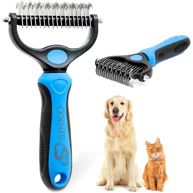 Sinko Deshedding Dog and Cat Brush, Dematting Comb with Extra Wide Double-Sided Stainless Teeth for Detangling, Deshedding, Brushing & Removing Shed Fur, Knots, Mats, and Tangles in Pets (Blue)