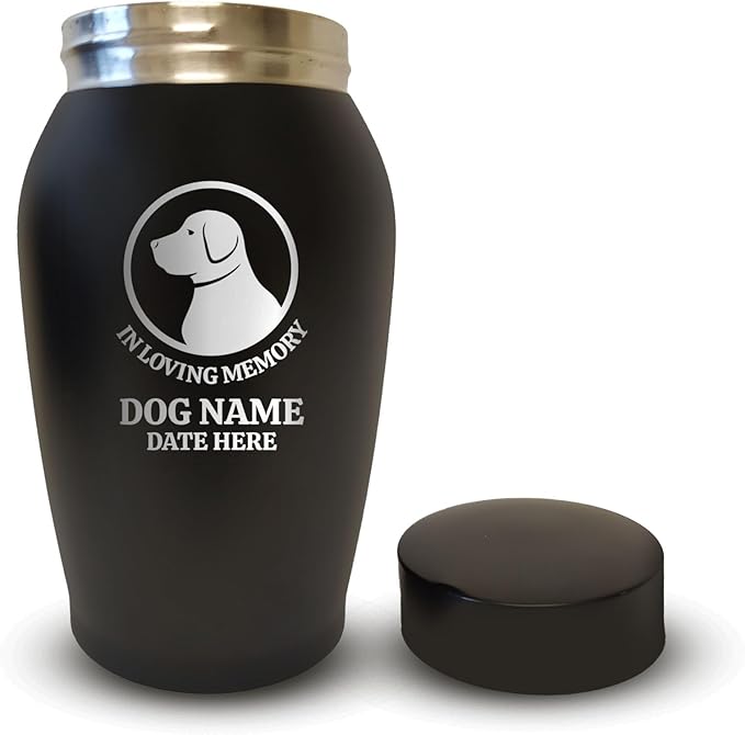 Personalized Custom Small Keepsake Urn Engraved with Pet Name, Date, and Dog Design - 5.2" Black Powder Coated Steel Cremation Urn for Dogs Ashes | 12-16 lb Capacity, Labrador Silhouette