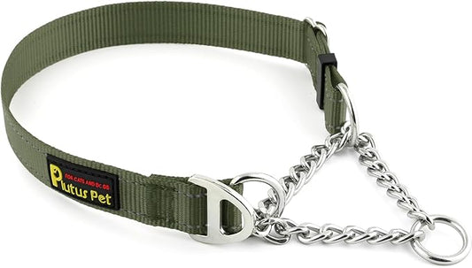 Plutus Pet Martingale Dog Collar with Stainless Steel Chain and Reflective Nylon, Adjustable No Pull Training Collar, for Small Medium, and Large Dogs, Ranger Green, L