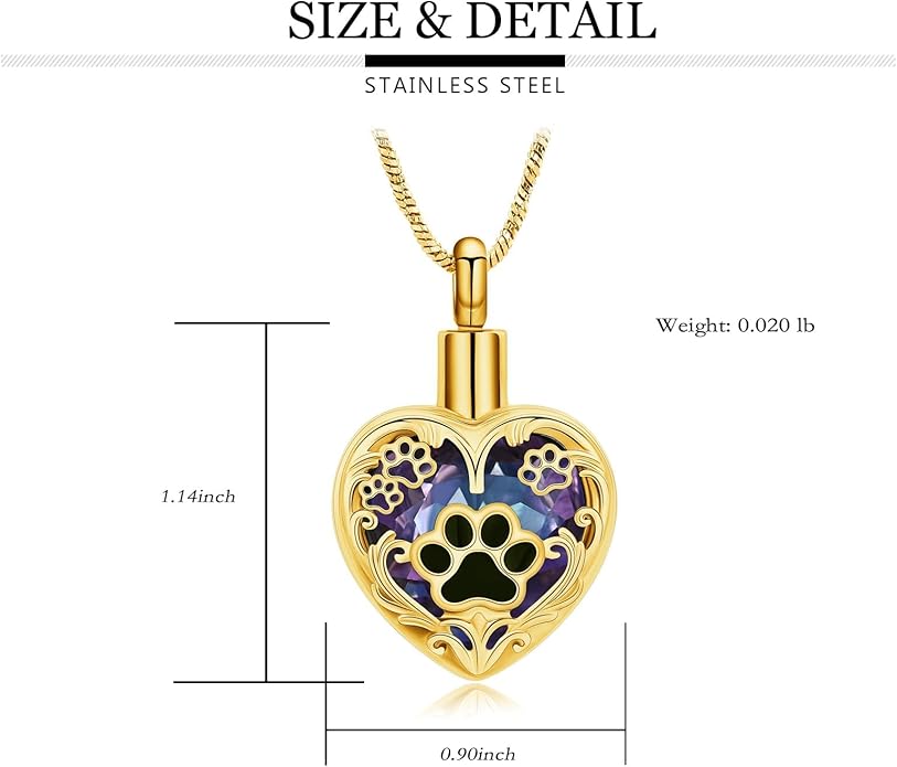 Heart Urn Necklace For Ashes Birthstone Pet Memorial Jewelry Dog Paw Print Cremation Pendant Stainless Steel Keepsake Gift For Pet Lovers