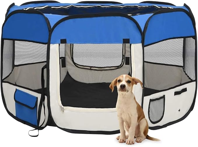 vidaXL Foldable Dog Playpen in Blue-Cream - Portable Design with Carrying Bag, Zipper & Side Pockets - Ideal for Training, Sleep and Play - Polyester & Steel Construction