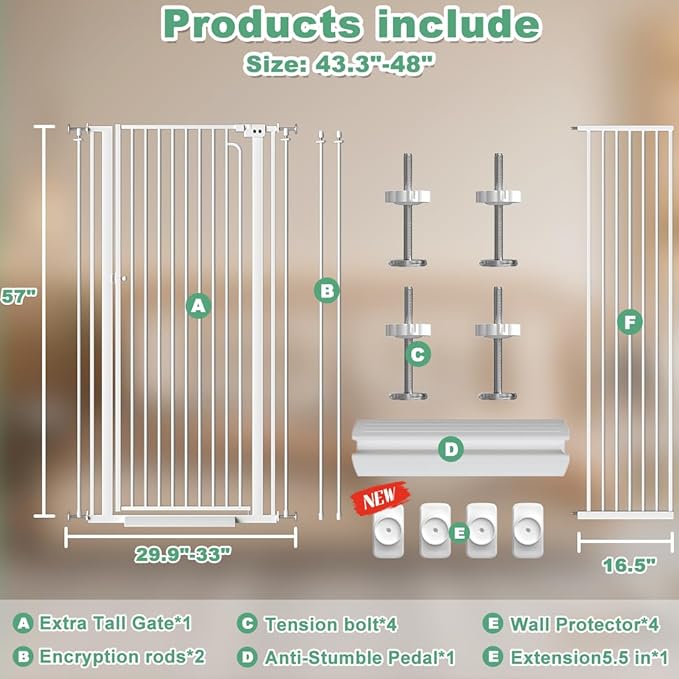 57" Extra Tall Cat Gate for Doorway,43.4"-48" Width, Extra Tall Baby Gate Tall Dog Gate Wide Baby Gate Safety,Narrow Auto-Close for Indoor Stairs, Doorways, and Kitchen