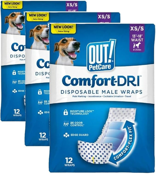OUT! PetCare Disposable Dog Diapers Male, Puppy Belly Band, Potty Training, Doggie Diapers, Belly Bands for Male Dogs, Puppy Training, Adjustable Fasteners, Incontinence, (XS/S, 12ct) (Pack of 3)