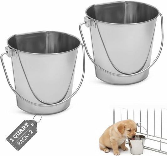 Flat Sided Stainless Steel Bucket 1 Quart Hanging Feeding Pail for Small Dogs Cats Birds, Fits Kennel Cages Compatible, Heavy Duty Food and Water Feeder, 0.25 Gallon Silver Buckets 2 Pack
