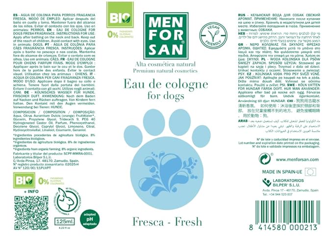 MENFORSAN Eau de Cologne Fresh for dogs 100% Natural, Vegan-Friendly, Alcohol Free