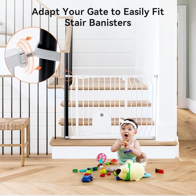 COMOMY 29.5-43.7" Baby Gate with Adjustable Cat Door,Extra Wide Metal Cat Gate for Stairs Doorways, Auto Close Dog Gate with Pet Door for House, Pressure Mounted Easy Walk Through (30" Tall, White)