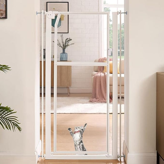 unipaws 56" Extra Tall Pet Gate, Clear Transparent Tall Cat Gate, 29.5-33.5" Wide No Drilling Pressure Mounted Dog Gate for Doorway, Hallway, Stairs, White