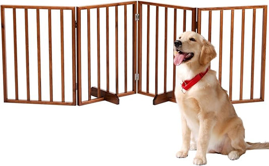 BONNLO Free Standing Dog Gate Indoor, Foldable Pet Gate for Dogs and Puppy, 24" Height Wooden Dog Gates for Doorways Extra Wide/Stairs/Hallways (Brown, 4 Panel)