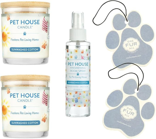 One Fur All Pet House Value Pack – Plant-Based Soy, Clean Burning, Long-Lasting Pet Odor Candle for Home – Sunwashed Cotton