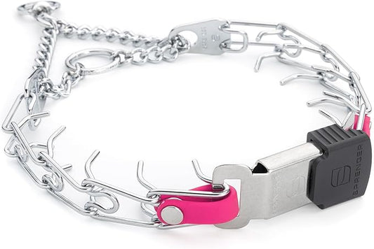 Herm Sprenger Chrome Plated Steel Dog Collar with Quick Release ClicLock Buckle and Biothane Insert Training Collar for Dogs Made in Germany (Passionfruit Pink, 16in x 2.25mm(neck size up to 13-14in))