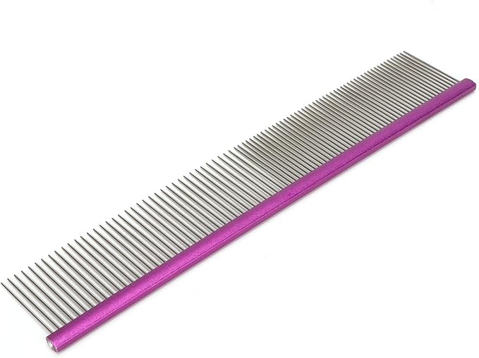 Pet Steel Comb Dogs and Cats, Professional Dog Grooming Comb For Shedding Tangles Knots, Pet Dematting Comb with Rounded Teeth and Non Slip Grip Handle for Long Haired Breeds(Purple 19cm/7.5in)