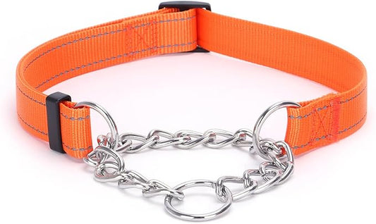 Martingale Dog Collar with Stainless Steel Chain and Leash Set, Martingale Collar with Reflective, 5FT Double Handle Dog Leash Padded, Adjustable for Medium Large Dogs (L, Pink)