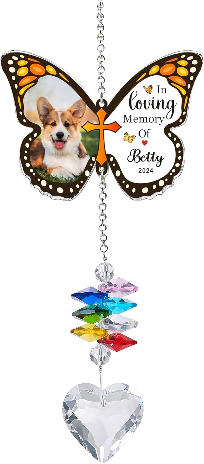 EDSG Personalized Dog Memorial Gifts for Loss of Dog - Pet Sympathy Gifts with Photo, Custom Pet Bereavement Gift, Rainbow Bridge Memorial Suncatcher for Cat (Design 2)